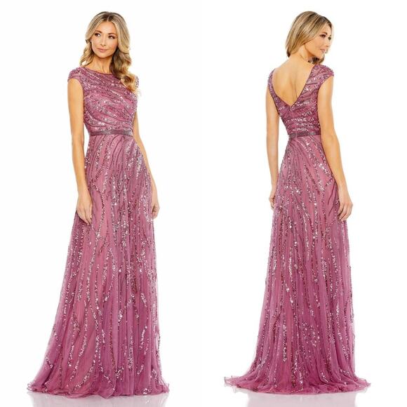 Mac Duggal 5445 Dress Beaded Sequin Cap Sleeve A-Line Evening Gown NWT 4 - Picture 1 of 9